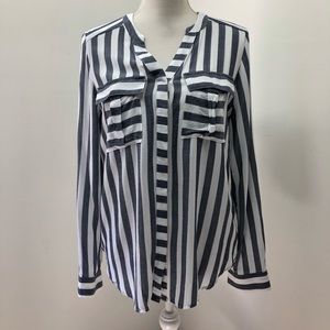 Ana Blue White Striped High Low Tab Sleeve Blouse Womens Size M